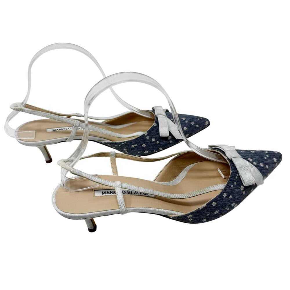 Manolo Blahnik Floral Bow Slingback Heels EU 40 Blue Grosgrain Trim Vintage - Picture 5 of 8
